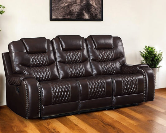 90" Brown Faux Leather Reclining Sofa With Black Legs-0