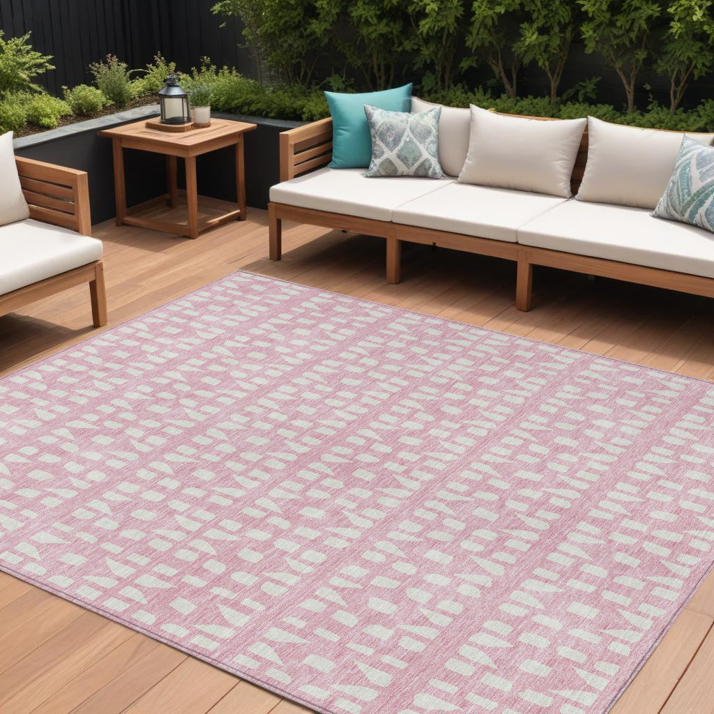 10' X 14' Pink And Ivory Geometric Washable Indoor Outdoor Area Rug-0