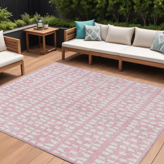 10' X 14' Pink And Ivory Geometric Washable Indoor Outdoor Area Rug-0