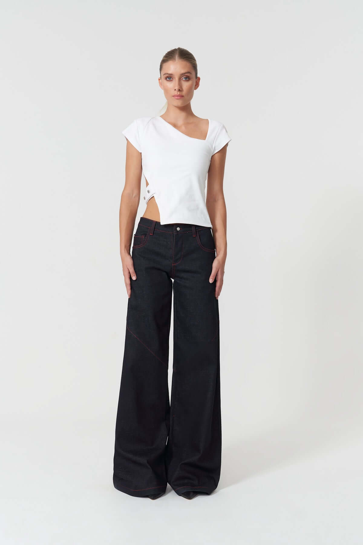 JENDUE Davidson Wide Leg Denim Jean - Dark Wash & Red Stitch-2