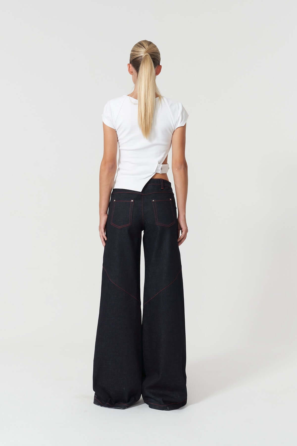 JENDUE Davidson Wide Leg Denim Jean - Dark Wash & Red Stitch-0