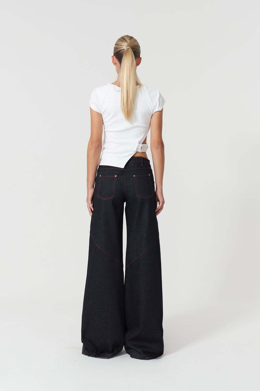 JENDUE Davidson Wide Leg Denim Jean - Dark Wash & Red Stitch-0
